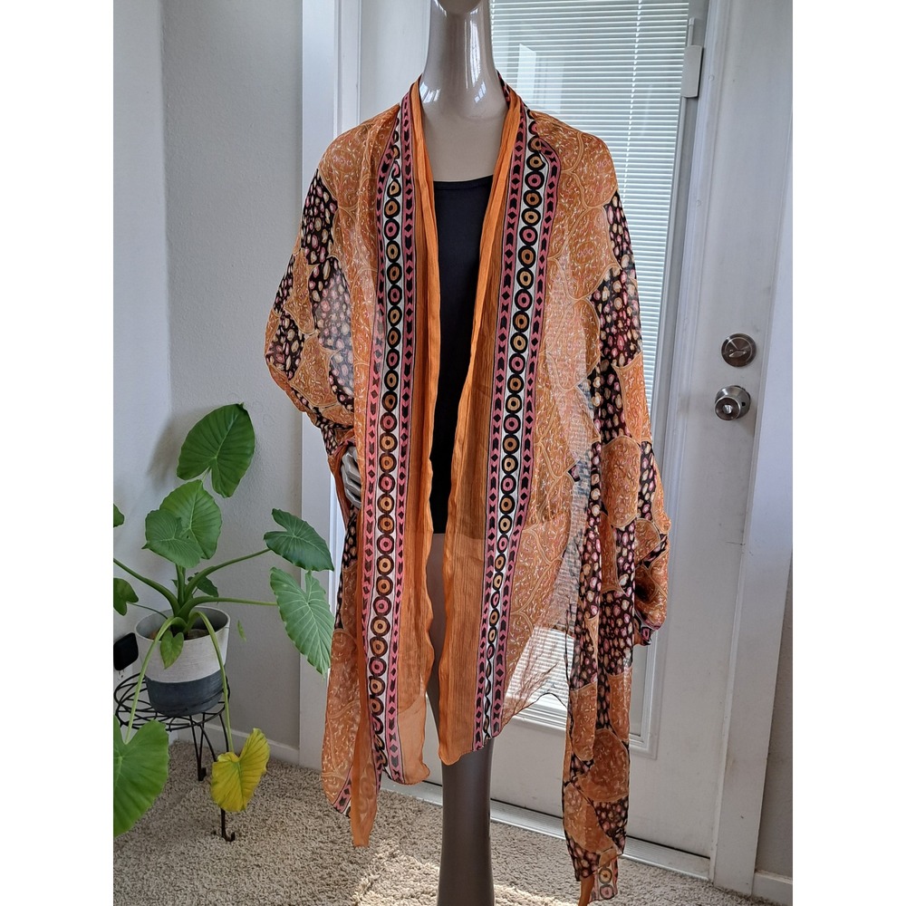Boho Sheer Geometric Floral Wrap Scarf Orange Pink Black Lightweight Shawl